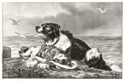 Dog rescuing a child from the drowning. Rough sea Behind them. Old grayscale illustration by Currier & Ives, publ. in New York, ca. 1870 photo