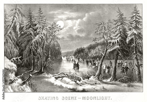 People skating on frozen lake at moonlight surrounded by a snowy landscape. Old illustration by Currier & Ives, publ. in New York, 1868