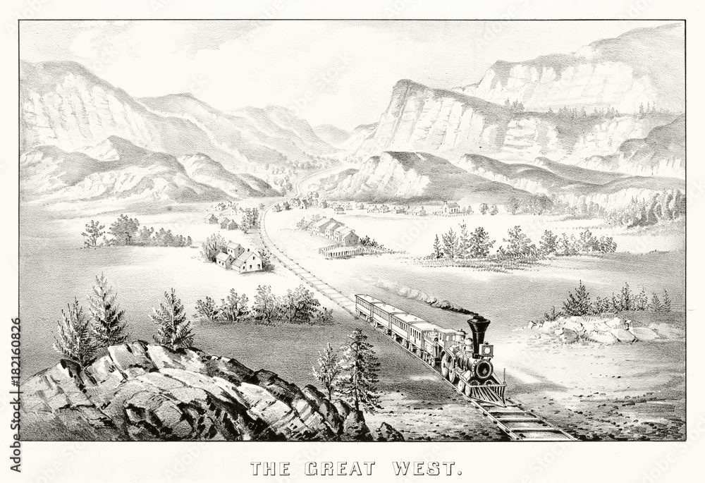 Train running along the railroad in a western valley passing close to little houses. Canyon on background. Old illustration by Currier & Ives, publ. in New York, 1870