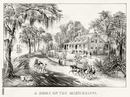 Classic colonial rich house on the bank of Mississippi river in front of a road and ancient chariots. Natural outdoor context. Old illustration by Currier & Ives, publ. in New York, 1871 photo