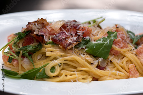 Close up Homemade Carbonara Pasta. (selective Focus)