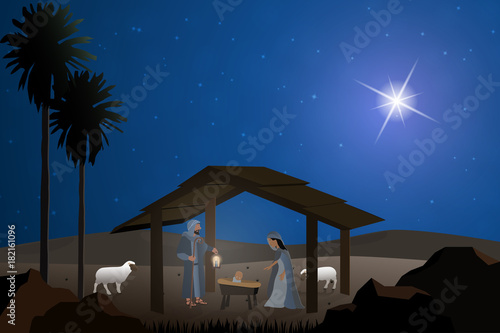 Christmas time. Nativity scene with Mary, Joseph and baby Jesus in Christmas landscape.