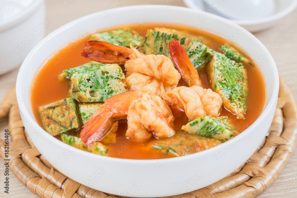 Acacia leave omelet and shrimp in spicy sour soup, Thai food Acacia leave omelet and shrimp in spicy sour soup, Thai food