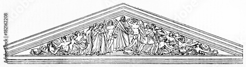 Triangular composition of La Madeleine church pediment in Paris, Christ on the center surrounded by angels and saints. Old reproduction by Lemaire, published on Magasin Pittoresque, Paris, 1834 photo