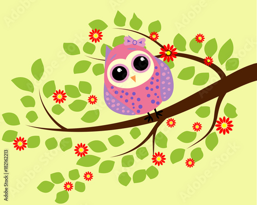 Bright cute cartoon owl sitting on the flowering branches of fantastic trees