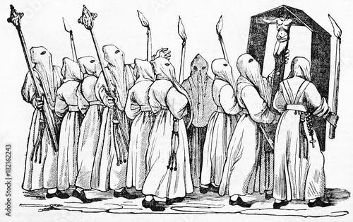 Group of hooded people bringing a crucifix in procession, Confraternity of White Penutens. Old Illustration by unidentified author, published on Magasin Pittoresque, Paris, 1834