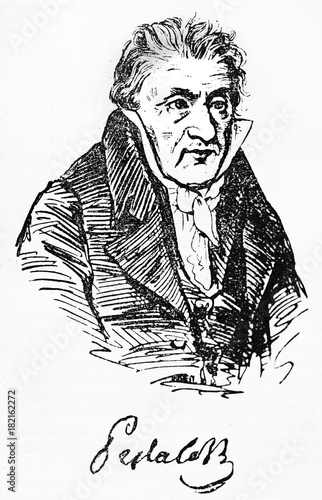 Half body portrait of Johann Heinrich Pestalozzi, Swiss pedagogue, in his ancient clothes. Old Illustration by unidentified author, published on Magasin Pittoresque, Paris, 1834 photo