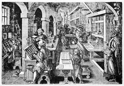 Medieval dutch printing house working intensively with his workers. Old illustration by Stradanus published on Magasin Pittoresque Paris1834