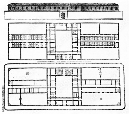 Planimetry of a jail. ancient plan of the prison of Chalon-sur-Saone France. Old Illustration by unidentified author published on Magasin Pittoresque Paris1834