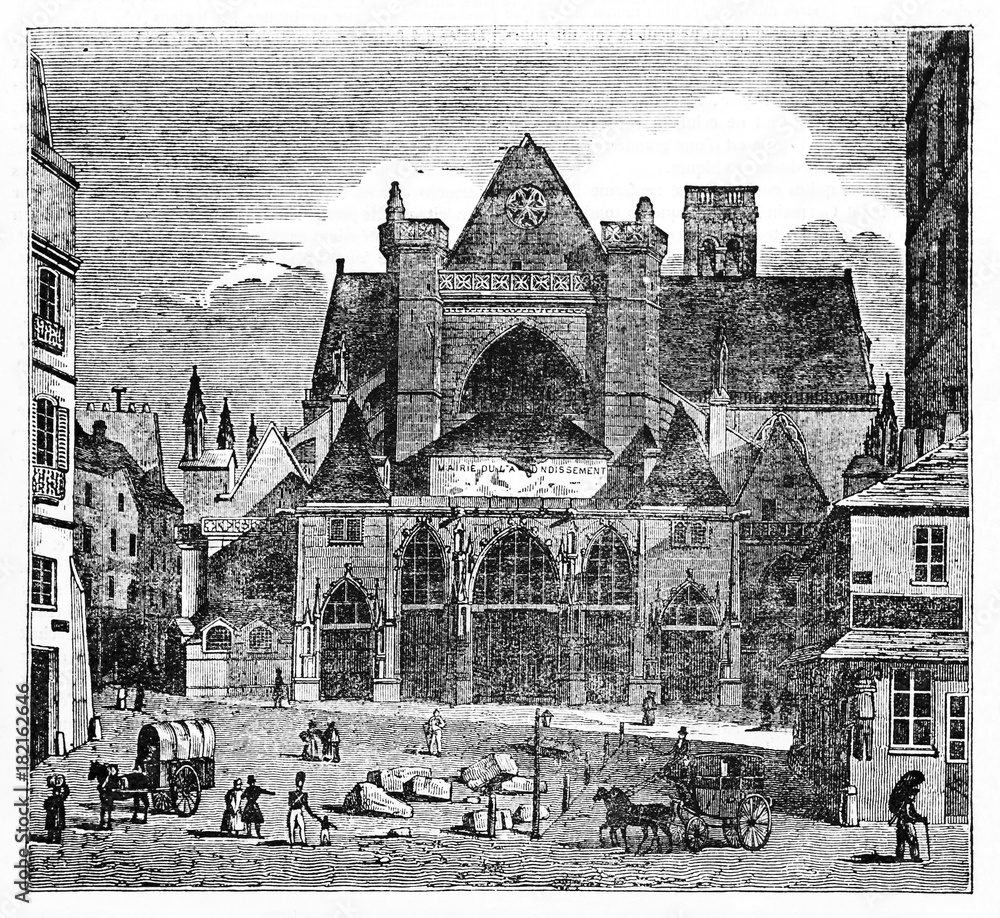 Old view of Saint-Germain l'Auxerrois church before restores and before neo-gothic steeple construction Paris. Created Old Illustration by Quartley published on Magasin Pittoresque Paris 1834