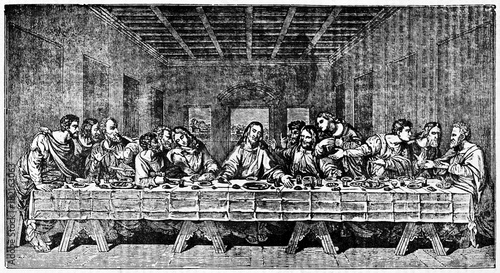 Reproduction of The Last Supper, topical moment of the New Testament with Jesus at the center surrounded by his disciples. After Leonardo da Vinci published on Magasin Pittoresque Paris 1834