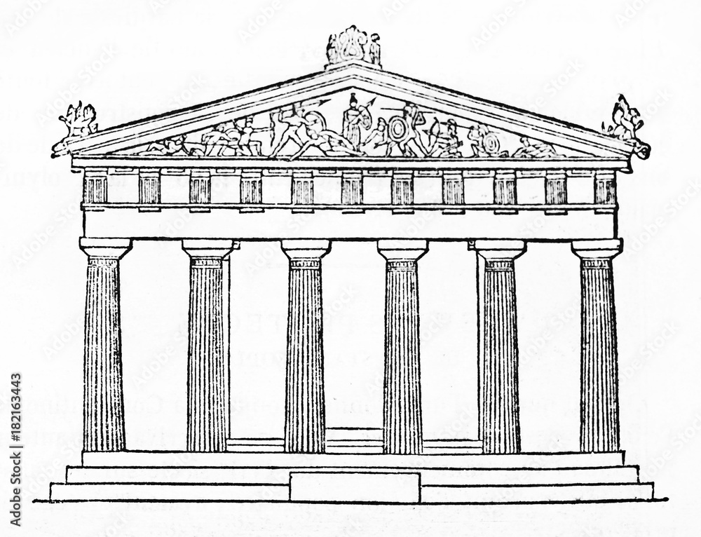 Obraz premium Schematic view of the main side of a doric style greek temple, Temple of Aphaea, Greece. Old isolated Illustration by unidentified author published on Magasin Pittoresque Paris 1834