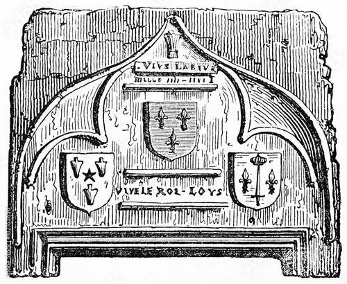 Ancient isolated detail of medieval decoration over Joan of Arc house door in Domremy France. Old Illustration by unidentified author published on Magasin Pittoresque Paris 1834. photo