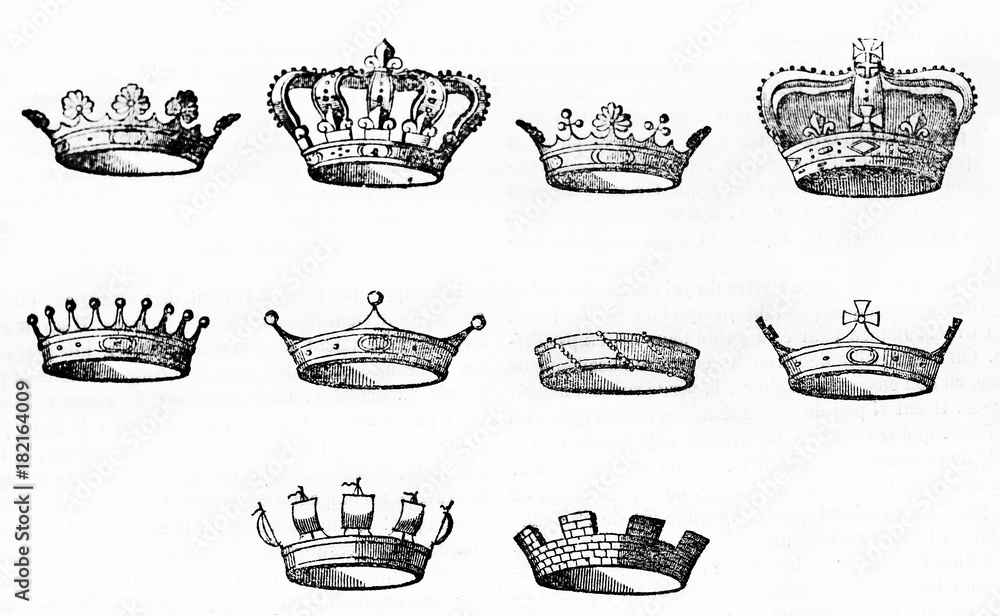 Collection of ten different types of crown for heraldic design, isolated on white background. Old Illustration by unidentified author published on Magasin Pittoresque Paris 1834