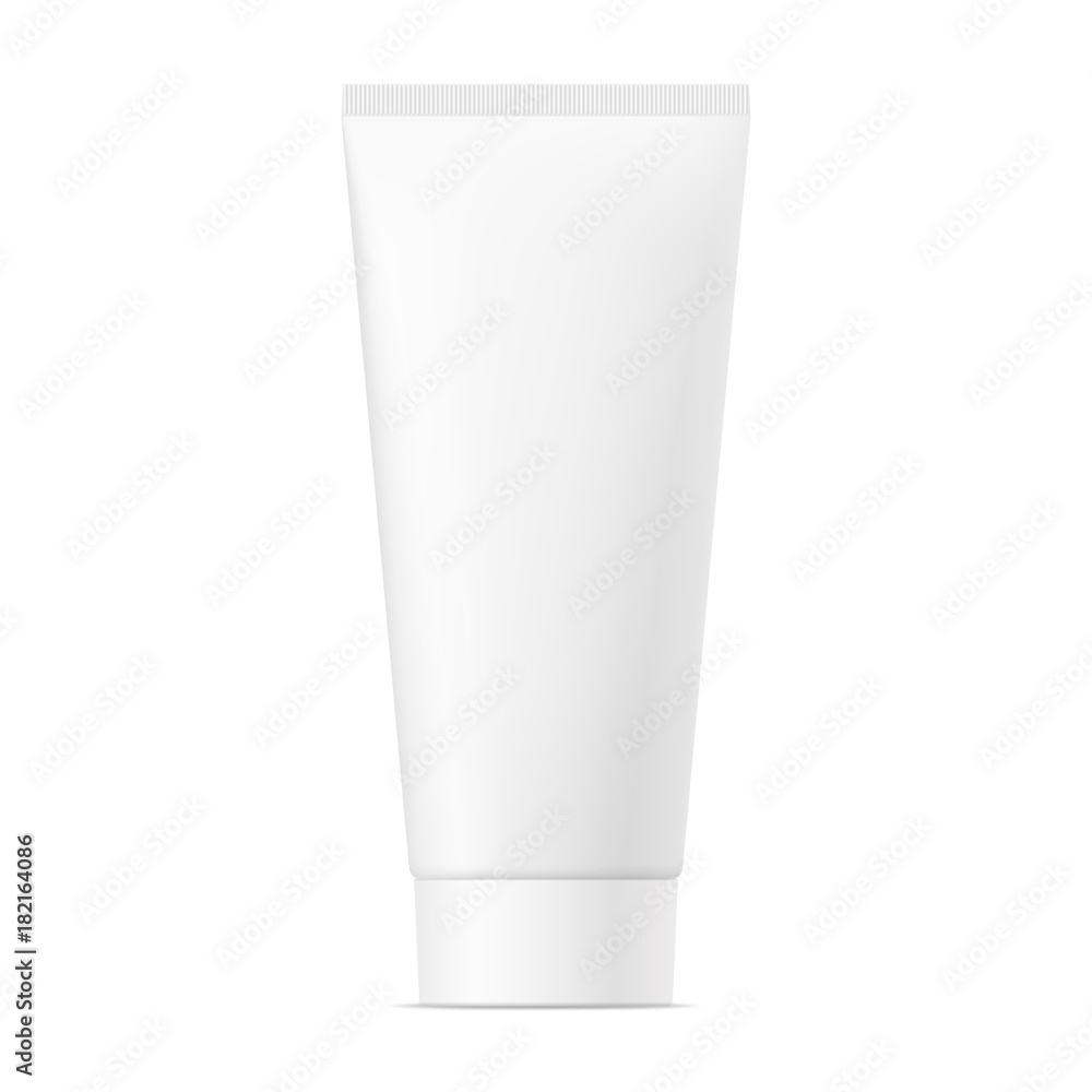 Realistic mock up of package. Vector white mat plastic tube with cap for cosmetics, body cream, skin care, gel, lotion, glue, toothpaste. Front side view. 3D illustration. Realistic mock up of package. Vector white mat plastic tube with cap for cosmetics, body cream, skin care, gel, lotion, glue, toothpaste. Front side view. 3D illustration.