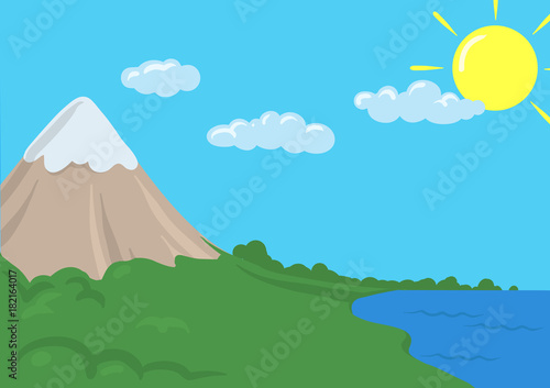 Cartoon vector landscape with mountain, clouds and sea. Vector illustration.