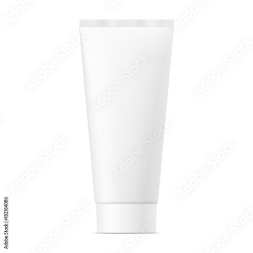 Realistic mock up of package. Vector white mat plastic tube with cap for cosmetics, body cream, skin care, gel, lotion, glue, toothpaste. Front side view. 3D illustration.