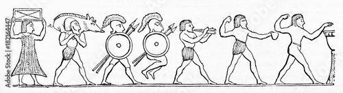 Ancient men, soldiers, hunter and woman realized in antique etruscan drawing style. Old Illustration by unidentified author published on Magasin Pittoresque Paris 1834