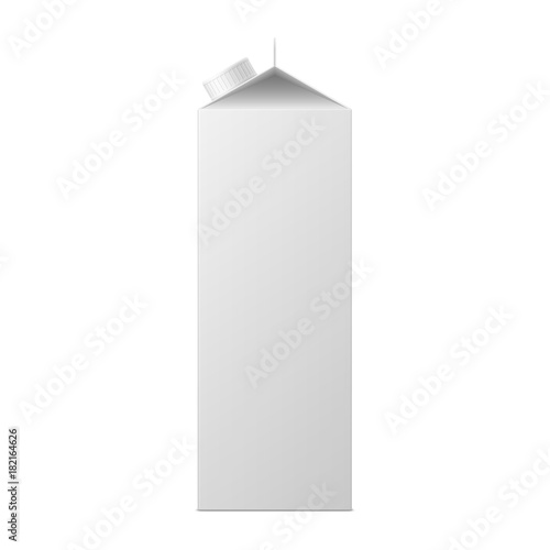 Vector mock up of milk or juice box on white background. Realistic carton one liter package with cap isolated. Template for your design. Front side view. 3d illustration.