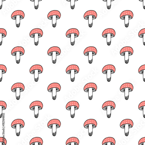 Unique hand drawn seamless pattern with amanita mushrooms. Vector illustration in scandinavian style