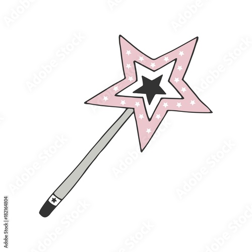 Hand drawn magic wand with a star. Color vector illustration
