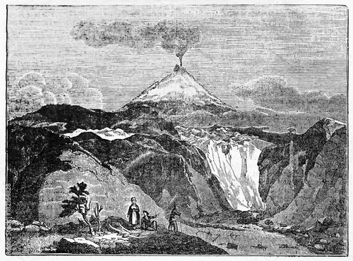 Ancient rocky landscape with a smoking volcano on background, Hekla volcano southern Iceland. Old Illustration by unidentified author published on Magasin Pittoresque Paris 1834