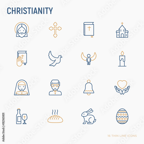 Christianity thin line icons set of priest, church, nun, crucifixion, Jesus, bible, dove. Vector illustration.