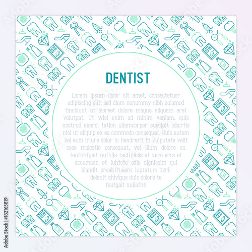 Dentist concept with thin line icons of tooth, implant, dental floss, crown, toothpaste, medical equipment. Modern vector illustration for banner, web page, print media.