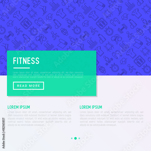 Fitness concept with thin line icons of running, dumbbell, waist, healthy food, swimming pool, pulse, wireless earphones, sportswear, yoga. Modern vector illustration for web page.