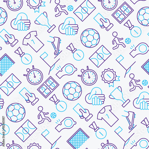Football seamless pattern with thin line icons: player, whistle, soccer, goal, strategy, stopwatch, football boots, score. Vector illustration for banner, print media, web page.