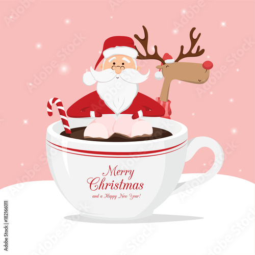 Vector reindeer and Santa Claus with cup of coffee on pink background. Merry Christmas and Happy New Year. Greeting card