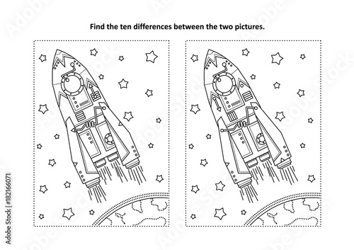 Space exploration themed find the ten differences picture puzzle and coloring page with rocket or spaceship, Earth and stars.
