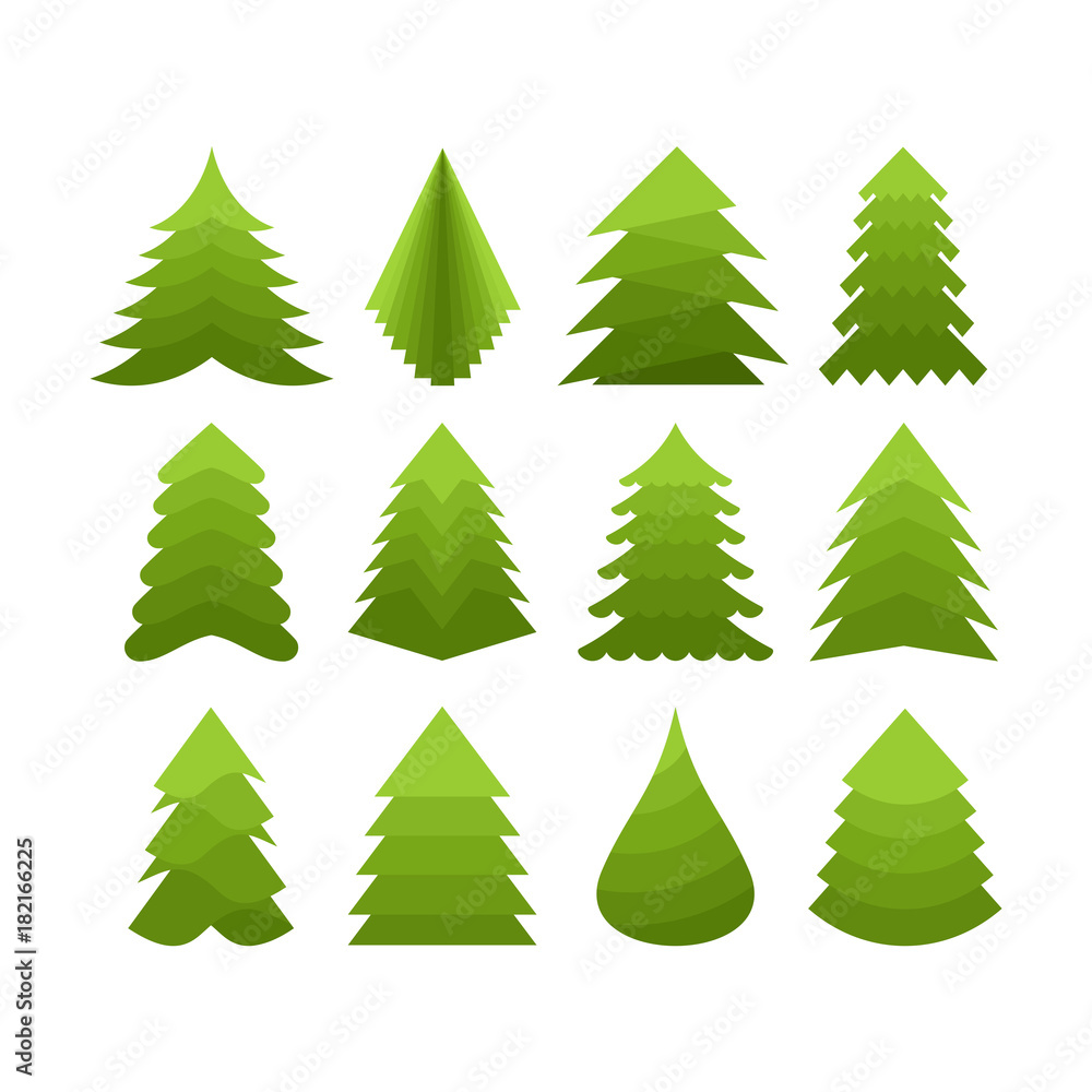 Set of decorative New Year and Christmas trees for cards and design