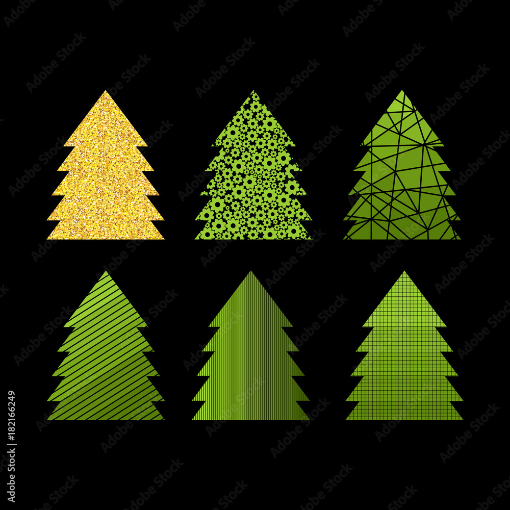 Obraz premium Set of decorative New Year and Christmas trees for cards and design