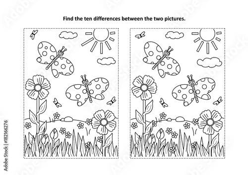 Spring or summer joy themed find the ten differences picture puzzle and coloring page with butterflies, flowers, grass.

