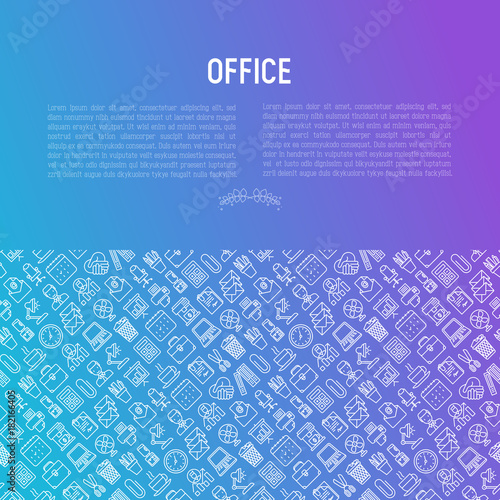 Office concept with thin line icons of manager, coffee machine, chair, career growth, e-mail, folders, water cooler, lamp. Vector illustration for banner, web page, print media.