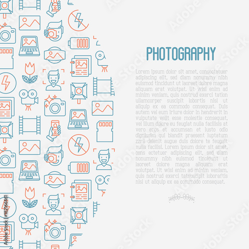 Photography concept with thin line icons of photographer, film, crop, flash, focus, light, panorama. Vector illustration for banner, web page, print media.