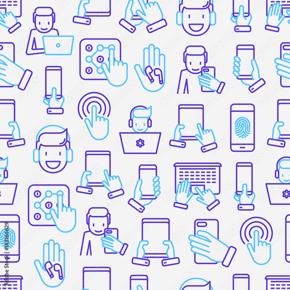Using devices seamless pattern with thin line icons: gadget, tablet in hands, touchscreen, fingerprint, laptop, wireless headphones. Modern vector illustration for banner, web page, print media. Using devices seamless pattern with thin line icons: gadget, tablet in hands, touchscreen, fingerprint, laptop, wireless headphones. Modern vector illustration for banner, web page, print media.