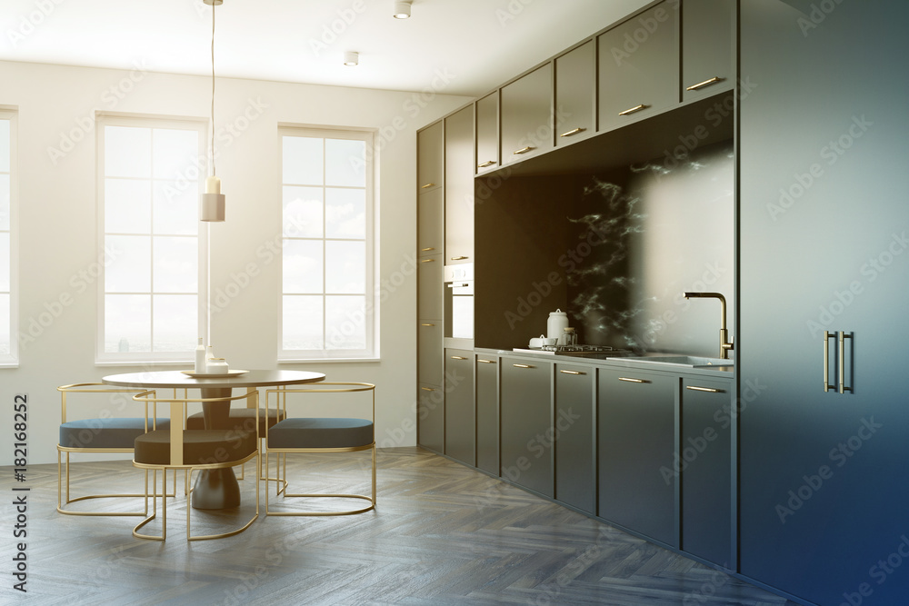 Black marble kitchen, round table toned Black marble kitchen, round table toned