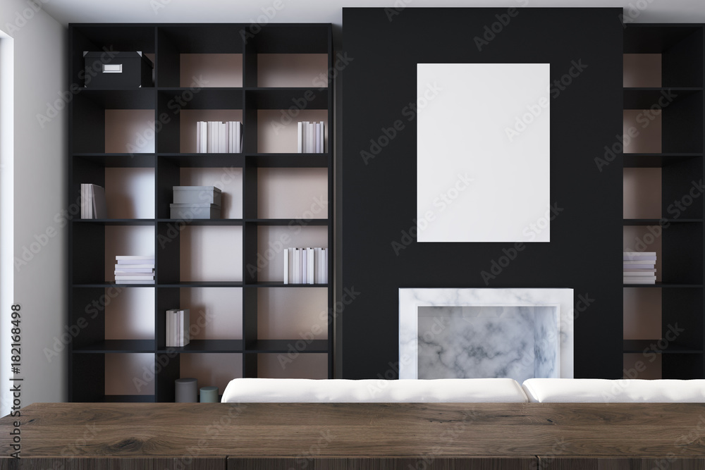 Fototapeta premium Black living room, fireplace and bookcases