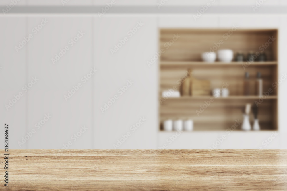 Fototapeta premium White kitchen, wooden bar stand blur