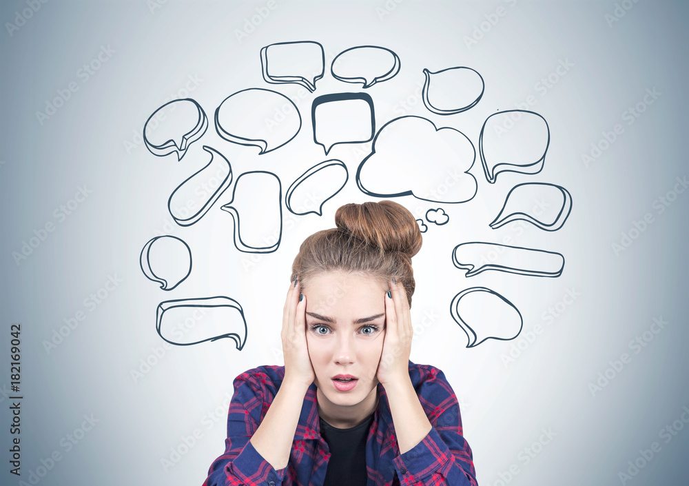 Stressed teen girl, speech bubbles Stressed teen girl, speech bubbles