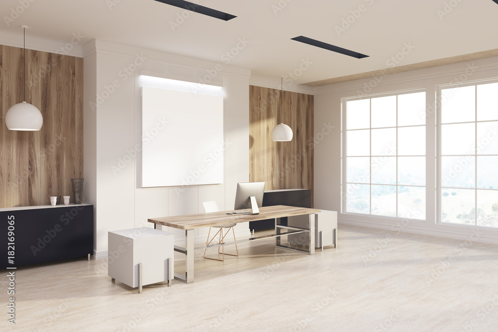 Fototapeta premium White and wooden boss s office, poster side