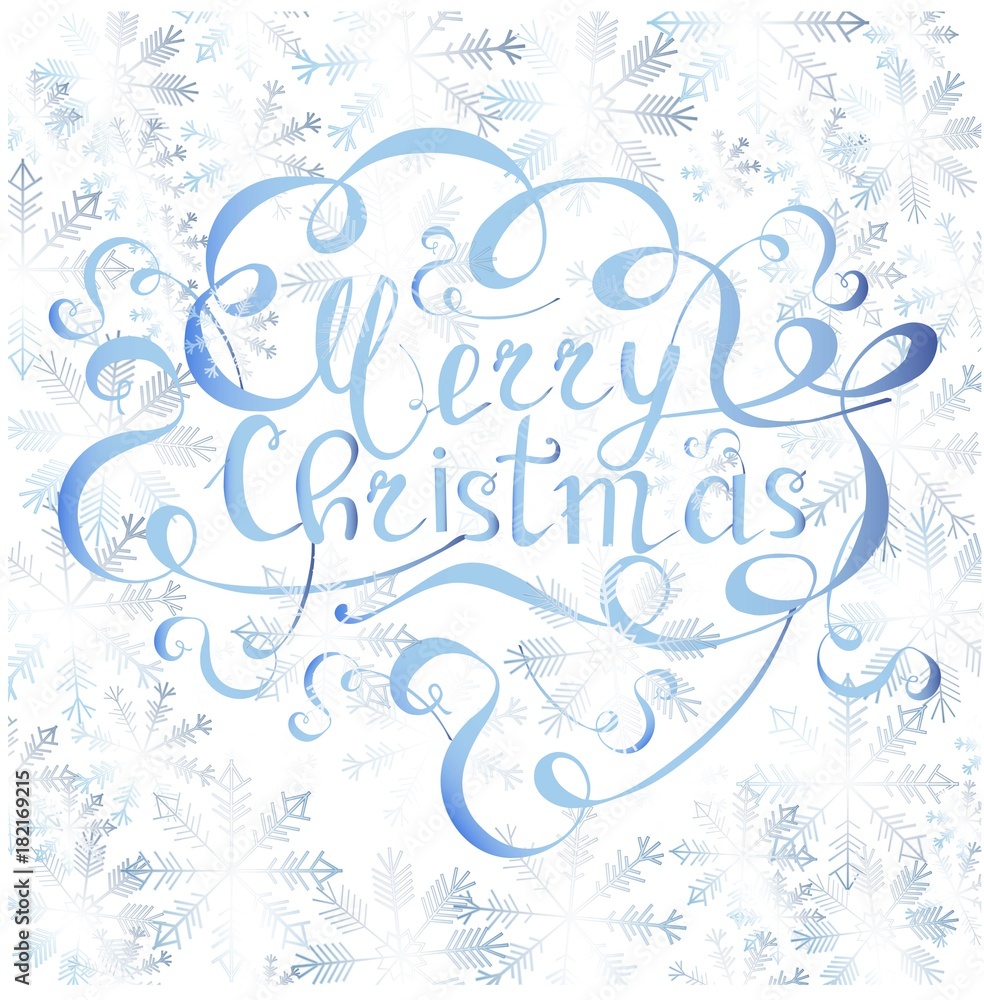 Typography banner with lettering Merry Christmas on blue snowflakes background, watercolor effect on white stock vector illustration Typography banner with lettering Merry Christmas on blue snowflakes background, watercolor effect on white stock vector illustration