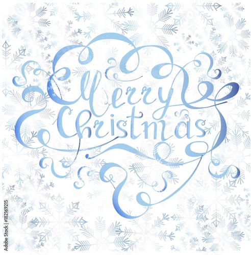 Typography banner with lettering Merry Christmas on blue snowflakes background, watercolor effect on white stock vector illustration