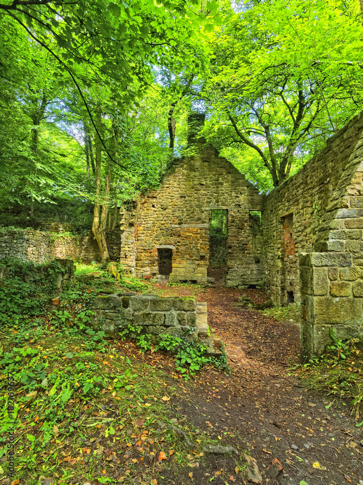 Abandoned sandstone water mill in woodland in Derbyshire, England Abandoned sandstone water mill in woodland in Derbyshire, England