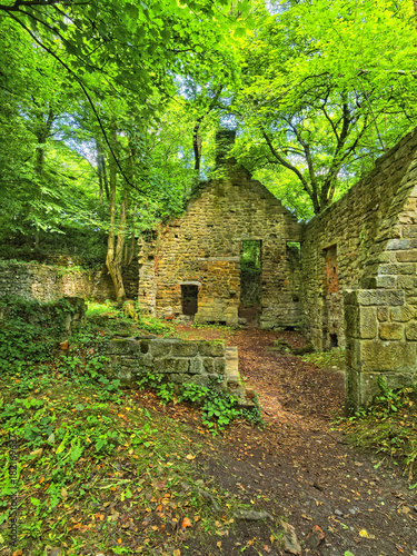 Abandoned sandstone water mill in woodland in Derbyshire  England