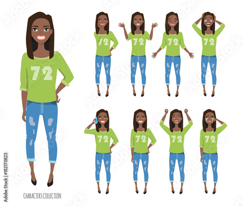 Set of emotions and gestures to the young black african american woman.