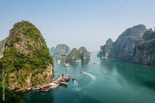 Busy cove near Sung Sot Cave in Halong Bay, Vietnam