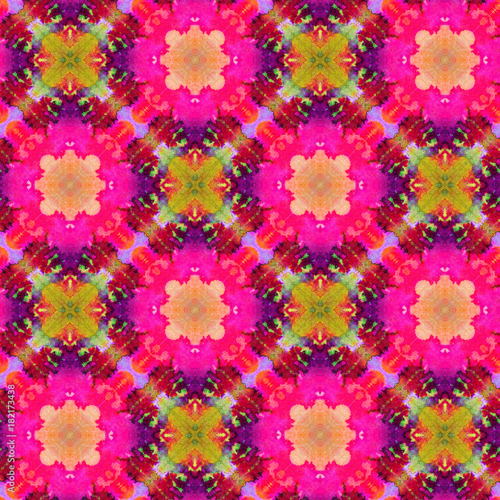 Hand drawn seamless pattern with folk national motives. Bright colored abstract wallpaper. Seamless texture. Geometric fabric design. Art painting. Pink colors. Native. Patchwork, and scraps.